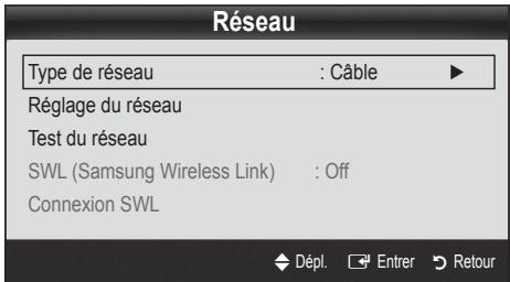 Réseau Type de réseau : Câble ► Réglage du réseau Test du réseau SWL (Samsung Wireless Link) : Off Connexion SWL Dépl. Entrer Retour