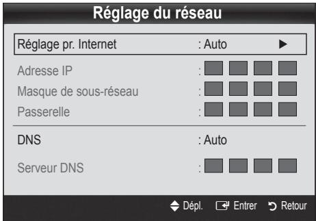 Réglage du réseau Réglage pr. Internet : Auto ► Adresse IP : Masque de sous-réseau : Passerelle : DNS : Auto Serveur DNS : Dépl. Entrer Retour