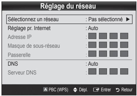 Réglage du réseau Sélectionnez un réseau : Pas sélectionné ▶ Réglage pr. Internet : Auto Adresse IP : Masque de sous-réseau : Passerelle : DNS : Auto Serveur DNS : PBC (WPS) Dépl. Entrer Retour