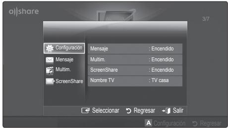 Configuración Mensaje : Encendido Multim. : Encendido ScreenShare : Encendido Nombre TV : TV casa Seleccionar Regresar Salir Configuración Regresar