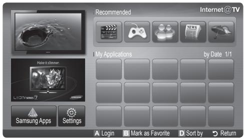 Recommended Internet@TV My Applications by Date 1/1 Samsung Apps Settings Login Mark as Favorite Sort by Return
