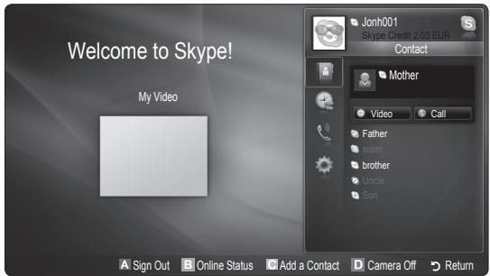 Welcome to Skype! My Video Jonh001 Skype Credit 2.03 EUR Contact Mother Video Call Father sister brother Uncle Son Sign Out Online Status Add a Contact Camera Off Return