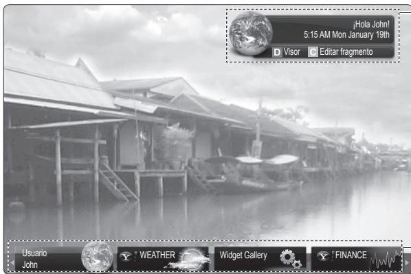 ¡Hola John! 5:15 AM Mon January 19th D Visor Editar fragmento Usuario John WEATHER Widget Gallery FINANCE