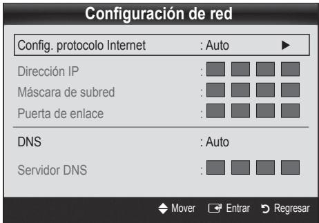 Configuración de red Config. protocolo Internet : Auto ▶ Dirección IP : Máscara de subred : Puerta de enlace : DNS : Auto Servidor DNS : ◆ Mover → Entrar → Regresar