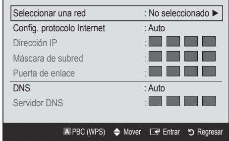 Seleccionar una red : No seleccionado ▶ Config. protocolo Internet : Auto Dirección IP : Máscara de subred : Puerta de enlace : DNS : Auto Servidor DNS : A PBC (WPS) ◆ Mover ➕ Entrar ➕ Regresar