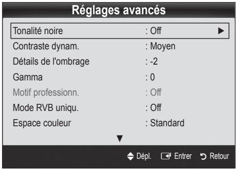 Réglages avancés Tonalité noire : Off Contraste dynam. : Moyen Détails de l'ombrage : -2 Gamma : 0 Motif professionn. : Off Mode RVB uniq. : Off Espace couleur : Standard Dépl. Entrer Retour