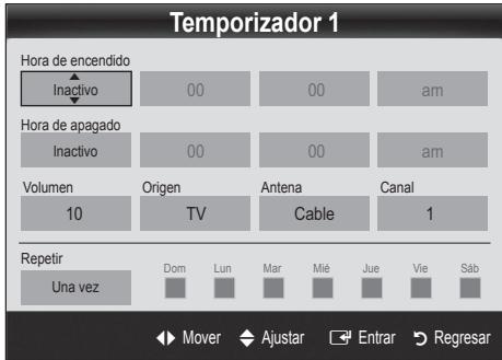 Temporizador 1 Hora de encendido Inactivo 00 00 am Hora de apagado Inactivo 00 00 am Volumen Origen Antena Canal 10 TV Cable 1 Repetir Una vez Dom Lun Mar Mié Jue Vie Sáb Mover Ajustar Entrar Regresar
