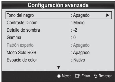 Configuración avanzada Tono del negro : Apagado Contraste Dinám. : Medio Detalle de sombra : -2 Gamma : 0 Patrón experto : Apagado Modo Sólo RGB : Apagado Espacio de color : Nativo Mover Entrar Regresar