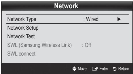 Network Network Type : Wired ▶ Network Setup Network Test SWL (Samsung Wireless Link) : Off SWL connect Move Enter Return