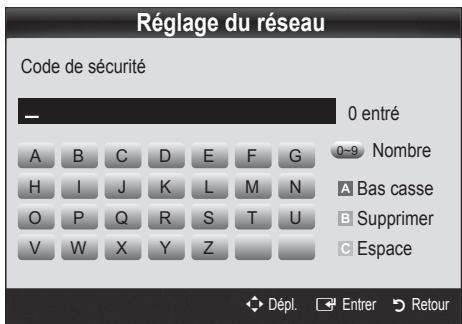 Réglage du réseau Code de sécurité — 0 entré A B C D E F G H I J K L M N O P Q R S T U V W X Y Z Nombre A Bas casse B Supprimer C Espace Dépl. Entrer Retour