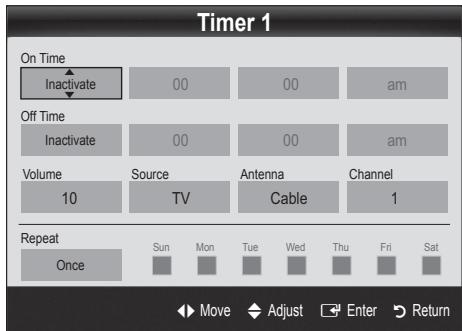 Timer 1 On Time Inactivate 00 00 am Off Time Inactivate 00 00 am Volume Source Antenna Channel 10 TV Cable 1 Repeat Once Sun Mon Tue Wed Thu Fri Sat Move Adjust Enter Return