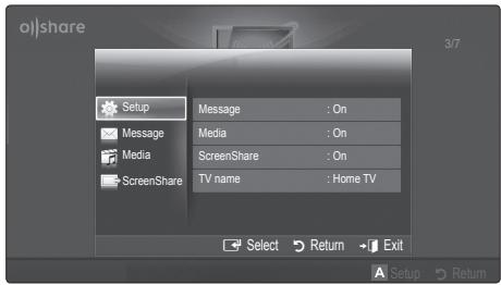 Setup Message : On Media : On ScreenShare : On TV name : Home TV Select Return Exit Setup Return