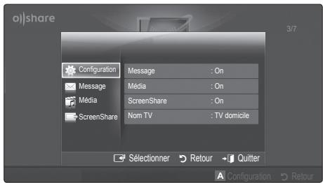 Configuration Message : On Média : On ScreenShare : On Nom TV : TV domicile Sélectionner Retour Quitter Configuration Repur