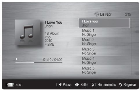 SAMSUNG UN46C9000 - Músicaion 5

Info. sur signal 30

Installation de Space 2

Internet@TV 50


Reproduccion de musica@TV 50



Pulse los botones o para selectionar Música y, a continuación, pulse el botón ENTER en el menu Media Play.   
Pulse los botones /  / para seleccionar el música que deseee en la lista de ARCHivos.   

Pulse los botones ENTER o (reproducir).


Durante la reproduccion de música, se pueda realizar búsquadas con los botones y.   

Los botones (REW) y (FF) no funciona durante la reproduccion. - 3