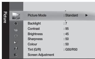 Picture Picture Mode : Standard Backlight : 7 Contrast : 95 Brightness : 45 Sharpness : 50 Colour : 50 Tint (G/R) : G50/R50 Screen Adjustment