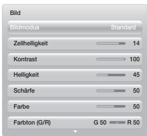 Bild Bildmodus Standard Zellhelligkeit 14 Kontrast 100 Helligkeit 45 Schärfe 50 Farbe 50 Farbton (G/R) G 50 R 50