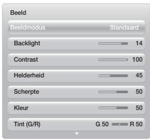 Beeld Beeldmodus Standaard Backlight 14 Contrast 100 Helderheid 45 Scherpte 50 Kleur 50 Tint (G/R) G 50 R 50