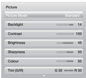 Picture Picture Mode Standard Backlight 14 Contrast 100 Brightness 45 Sharpness 50 Colour 50 Tint (G/R) G 50 R 50