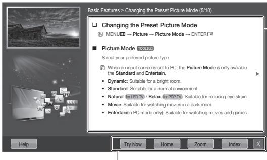 Basic Features > Changing the Preset Picture Mode (5/10) Changing the Preset Picture Mode MENU → Picture → Picture Mode → ENTER Picture Mode TOOLS Select your preferred picture type. When an input source is set to PC, the Picture Mode is only available the Standard and Entertain. Dynamic: Suitable for a bright room. Standard: Suitable for a normal environment. Natural: &LID TV / Relax & POP TV: Suitable for reducing eye strain. Movie: Suitable for watching movies in a dark room. Entertain(In PC mode only): Suitable for watching movies and games.