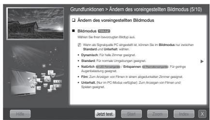 Grundfunktionen > Ändern des voreingestellten Bildmodus (5/10) Ändern des voreingestellten Bildmodus Bildmodus 60007 Wählen Sie Ihnen bevorzugten Bildtyp aus. Wenn als Signalquelle PC insgesetzt ist, können Sie im Bildmodus nur zwischen Standard und Unterhalt, wählen. • Dynamisch: Für helle Zimme geeignet. • Standard: Für normale Umgatungen geeignet. • Notarlich @ LED Filmography / Entspanen @ HomeSpace. Für geringe Augenbelastung geeignet. • Film: Zum Arazegan von Filnen in einem abgedurkosten Zimme geeignet. • Unterhalt: Nur im PC-Modus verfügbar; Zum Arazegan von Filnen und Spiesen geeignet.