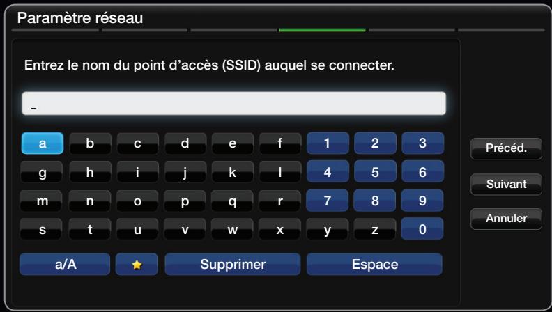 Paramètre réseau Entrez le nom du point d'accès (SSID) auquel se connecter. - a b c d e f 1 2 3 g h i j k l 4 5 6 m n o p q r 7 8 9 s t u v w x y z 0 a/A ★ Supprimer Espace Précéd. Suivant Annuler