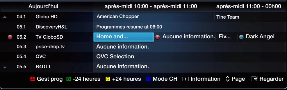 Aujourd'hui après-midi 10:00 - après-midi 11:00 après-midi 11:00 - 00h00 04.1 Globo HD American Chopper Tine Team 05.1 DiscoveryH&L Programmes resume at 06:00 05.2 TV GloboSD Home and... Aucune information. Fiv... Dark Angel 05.3 price-drop.tv Aucune information. 05.4 QVC QVC Selection 05.5 R4DTT Aucune information. A Gest prog B -24 heures C +24 heures D Mode CH Information Page Regarder