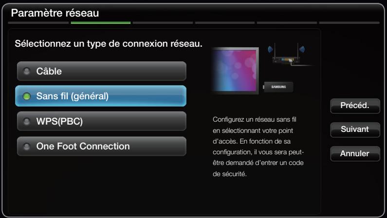 Paramètre réseau Sélectionnez un type de connexion réseau. Câble Sans fil (général) WPS(PBC) One Foot Connection SAMSUNG Configurez un réseau sans fil en sélectionnant votre point d'accès. En fonction de sa configuration, il vous sera peut- être demandé d'entrer un code de sécurité. Précéd. Suivant Annuler