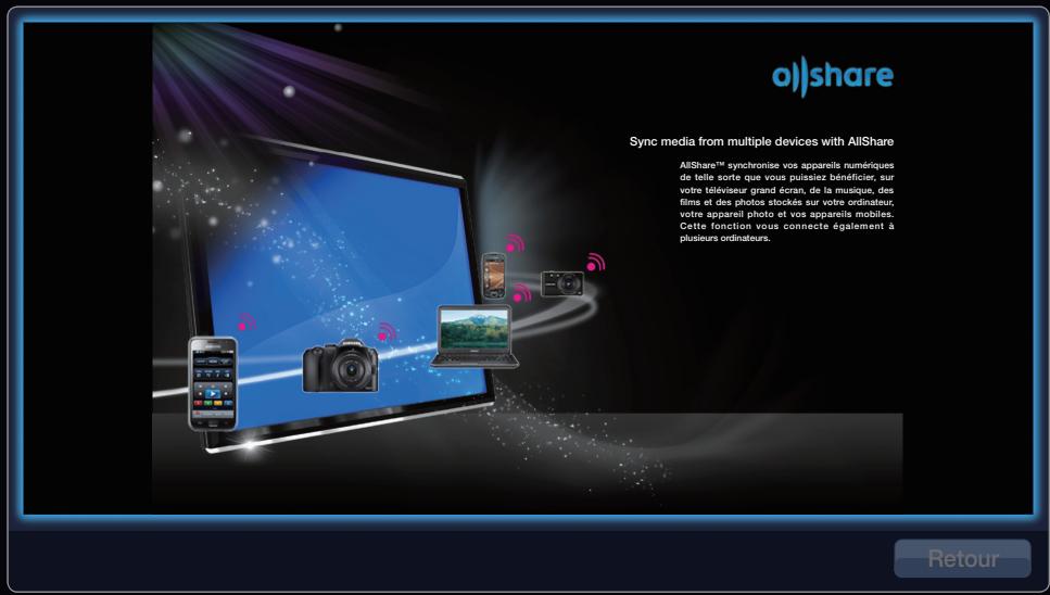 alishare Sync media from multiple devices with AlliShare AliiShare™ synchronise vos appareils numériques de telle sorte que vous puissiez bénéficier, sur votre téléviseur grand écran, de la musique, des films et des photos stockés sur votre ordinateur, votre appareil photo et vos appareils mobiles. Cette fonction vous connecte également à plusieurs ordinateurs. Retour