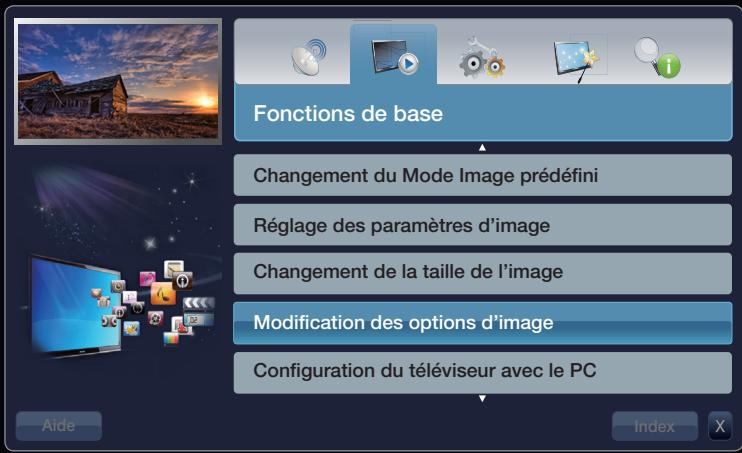 Fonctions de base Changement du Mode Image prédéfini Réglage des paramètres d'image Changement de la taille de l'image Modification des options d'image Configuration du téléviseur avec le PC Aide Index