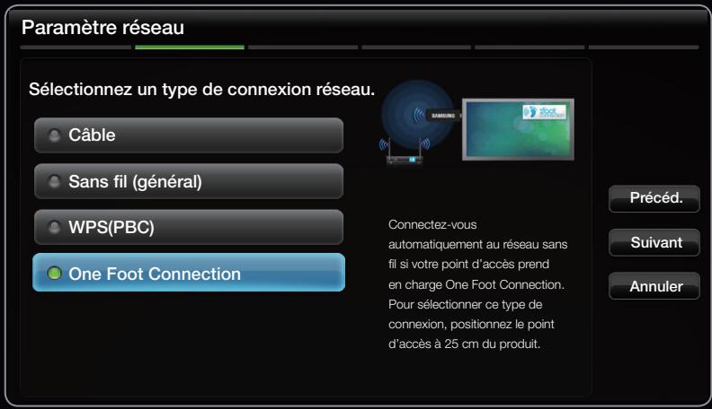 Paramètre réseau Sélectionnez un type de connexion réseau. Câble Sans fil (général) WPS(PBC) One Foot Connection Connectez-vous automatiquement au réseau sans fil si votre point d'accès prend en charge One Foot Connection. Pour sélectionner ce type de connexion, positionnez le point d'accès à 25 cm du produit. Précéd. Suivant Annuler