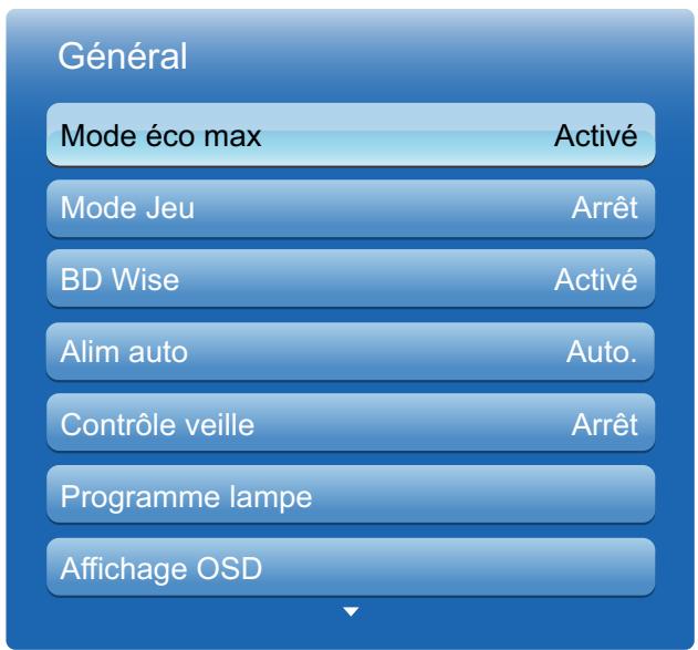 Général Mode éco max Activé Mode Jeu Arrêt BD Wise Activé Alim auto Auto. Contrôle veille Arrêt Programme lampe Affichage OSD