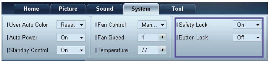 Home Picture Sound System Tool User Auto Color Reset Fan Control Man... Safety Lock On Auto Power On Fan Speed 1 Button Lock Off Standby Control On Temperature 77