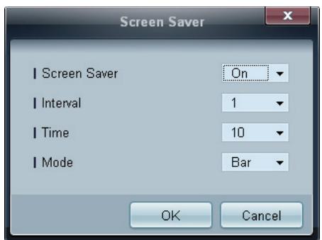 Screen Saver | Screen Saver On | Interval 1 | Time 10 | Mode Bar OK Cancel