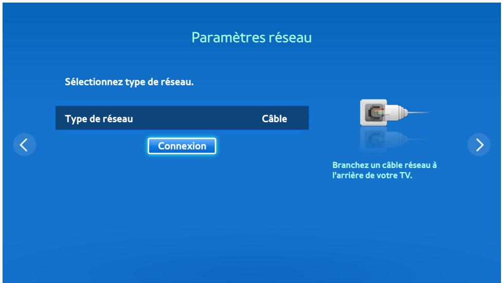 Paramètres réseau Sélectionnez type de réseau. Type de réseau Câble Connexion Branchez un câble réseau à l'arrière de votre TV.