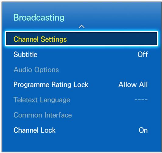 Broadcasting Channel Settings Subtitle Off Audio Options Programme Rating Lock Allow All Teletext Language ---- Common Interface Channel Lock On