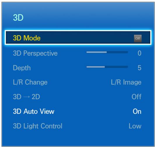 3D 3D Mode Off 3D Perspective 0 Depth 5 L/R Change L/R Image 3D → 2D Off 3D Auto View On 3D Light Control Low