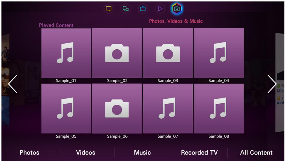 Played Content Photos, Videos & Music Sample_01 Sample_02 Sample_03 Sample_04 Sample_05 Sample_06 Sample_07 Sample_08 Photos Videos Music Recorded TV All Content