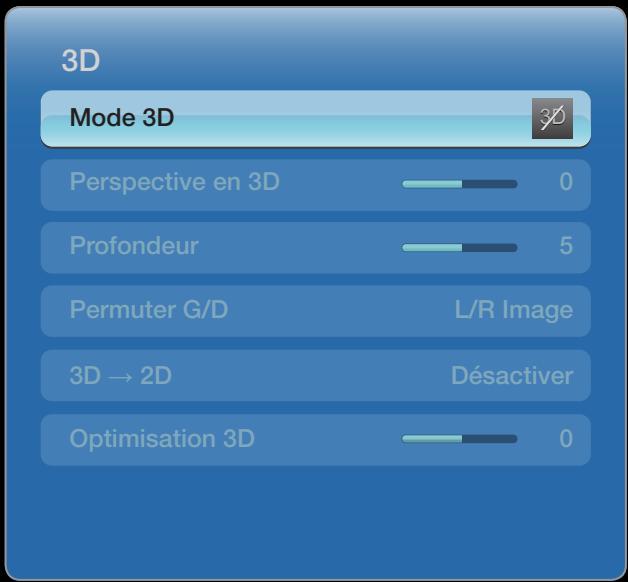 3D Mode 3D Perspective en 3D 0 Profondeur 5 Permuter G/D L/R Image 3D → 2D Désactiver Optimisation 3D 0