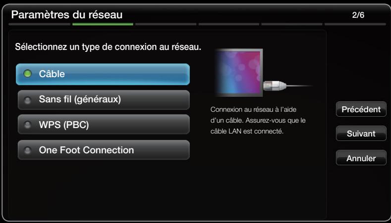 Paramètres du réseau 2/6 Sélectionnez un type de connexion au réseau. Câble Sans fil (généraux) WPS (PBC) One Foot Connection Connexion au réseau à l'aide d'un câble. Assurez-vous que le câble LAN est connecté. Précédent Suivant Annuler