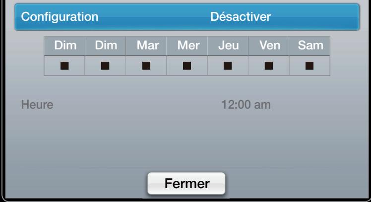 Configuration Désactiver Dim Dim Mar Mer Jeu Ven Sam ■ ■ ■ ■ ■ ■ ■ ■ Heure 12:00 am Fermer