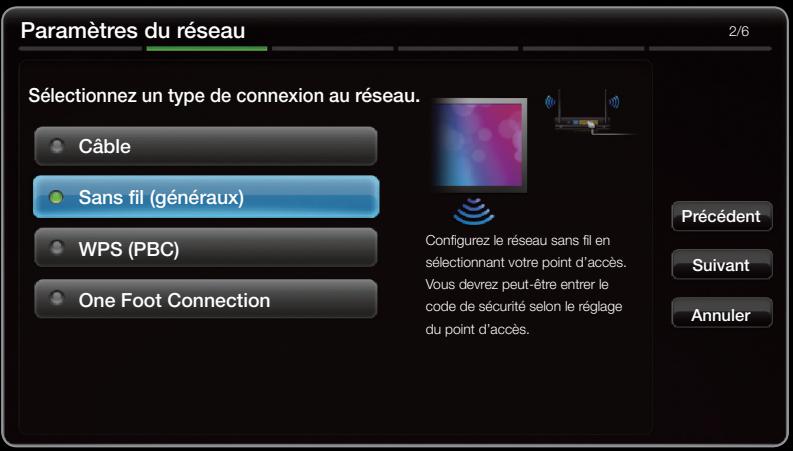 Paramètres du réseau 2/6 Sélectionnez un type de connexion au réseau. Câble Sans fil (généraux) WPS (PBC) One Foot Connection Configurez le réseau sans fil en sélectionnant votre point d'accès. Vous devrez peut-être entrer le code de sécurité selon le réglage du point d'accès. Précédent Suivant Annuler