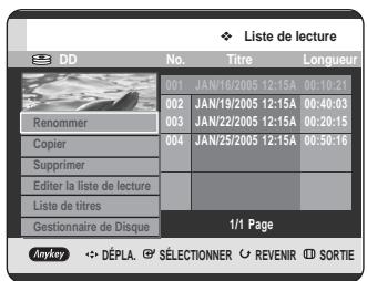 SAMSUNG DVD-HR720 - Appuyez sur les boutons △ ▽ pour sélectionnez le titre que vous souhaitez modifier parmi la liste de lecture, puis appuyez sur le bouton ANYKEY. le menu editor la liste de lecture s'affiche: renommer, copier, supprimer, editor la liste de lecture, liste de titres, gestionnaire de disque. - 1