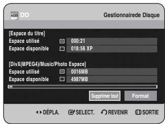 [Espace du titre] Espace utilisé 000:21 Espace disponible 018:56 XP [DivX(MPEG4)/Music/Photo Espace] Espace utilisé 0016MB Espace disponible 4987MB Supprimer tout Format ► DÉPLA. SELECT. REVENIR ID SORTIE