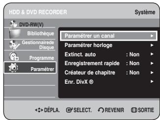 HDD & DVD RECORDER Système DVD-RW(V) Bibliothèque Gestionnaire de Disque Programme Paramétrer Paramétrer un canal Paramétrer horloge Extinct. auto : Non Enregistrement rapide : Non Créateur de chapitre : Non Enr. DivX © DéPLA. SELECT. REVENIR SORTIE