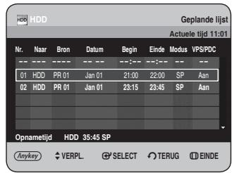 HDH Geplande lijst Actuele tijd 11:01 Nr. Naar Bron Datum Begin Einde Modus VPS/PDC 01 HDD PR 01 Jan 01 21:00 22:00 SP Aan 02 HDD PR 01 Jan 01 23:15 23:45 SP Aan Opnametijd HDD 35:45 SP Anykey VERPL SELECT TERUG EINDE