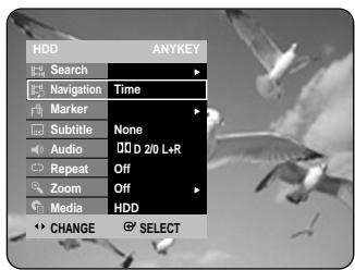 HDD ANYKEY Search Navigation Time Marker Subtitle None Audio D 2/0 L+R Repeat Off Zoom Off Media HDD CHANGE SELECT
