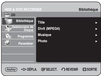 HDD & DVD RECORDER Bibliothèque Title DivX (MPEG4) Musique Photo Anykey DéPLA. G° SELECT. REVENIR SORTIE