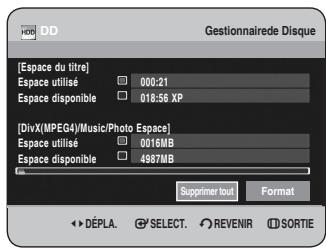 [Espace du titre] Espace utilisé 000:21 Espace disponible 018:56 XP [DivX(MPEG4)/Music/Photo Espace] Espace utilisé 0016MB Espace disponible 4987MB Supprimer tout Format DéPLA. SELECT. REVENIR SORTIE