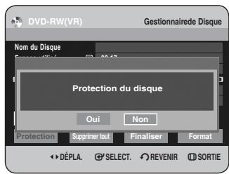 DVD-RW(VR) Gestionnaire de Disque Nom du Disque Protection du disque Oui Non Protection Supprimer tout Finaliser Format DéPLA. SELECT. REVENIR SORTIE