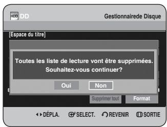 Gestionnaire de Disque [Espace du titre] Toutes les liste de lecture vont être supprimées. Souhaitez-vous continuer? Oui Non Supprimer tout Format DéPLA. SELECT. REVENIR SORTIE